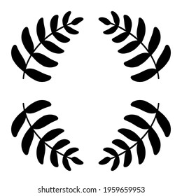 Silhouette round laurel frame with copy space. Symmetric twigs with leaves in corners of square. Black doodle illustration. Template for banner, poster. Hand drawn isolated vector, white background
