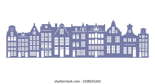 Silhouette of a row Amsterdam houses. Facades of European old buildings decoration. Holland homes. Vector