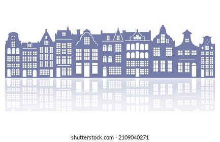 Silhouette of a row Amsterdam houses. Facades of European old buildings decoration. Holland homes with reflection. Vector illustration