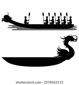 Silhouette of Rowers on a Chinese Dragon Boat Racing on Water