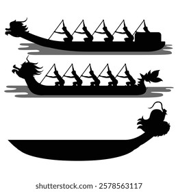 Silhouette of Rowers on a Chinese Dragon Boat Racing on Water