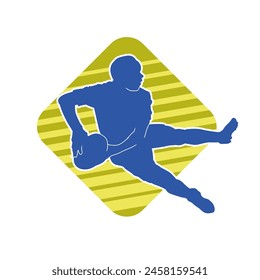 Silhouette of a rugby sport athlete in action. Silhouette of a sporty man playing rugby sport.