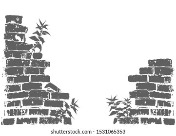 The silhouette of a ruined wall, broken brickwork, nettles growing. Vector object on isolated white background.