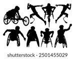 Silhouette of the runner of the artificial leg. Paralympic agitos in their original colors, chic and elegant illustration, sober, intergenerational, white background. Handicap athletes silhouettes