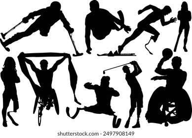 Silhouette of the runner of the artificial leg. Paralympic agitos in their original colors, chic and elegant illustration, sober, intergenerational, white background. Handicap athletes silhouettes