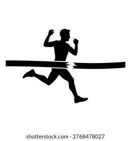 Silhouette of a runner breaking through the finish line tape, symbolizing victory and achievement.
