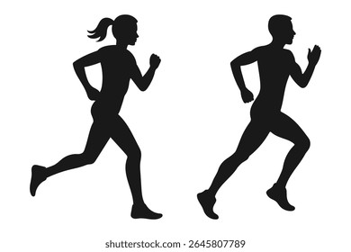 Silhouette runner full body illustration. Vector silhouette of running people white background