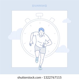 Silhouette of a runner with a stopwatch. Hand drawn style vector design illustrations.