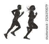 Silhouette runners collection people in black and white sketch vector illustration style.