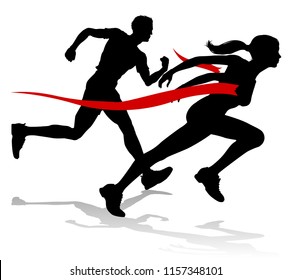 Silhouette Runners In A Race Track And Field Event Crossing The Finish Line