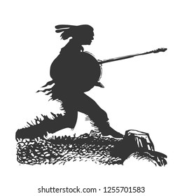 Silhouette of a running aboriginal with a spear. Indian runner.