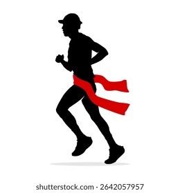 Silhouette of  running across the finish line isolated on White. Running Silhouette Icon.