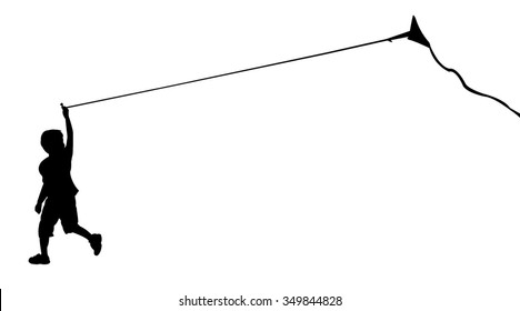 Silhouette Of Running Boy With Flying Kite. Vector Illustration