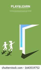 Silhouette of running boy and girl point to door from open book. Concept of education solution. world of knowledge.