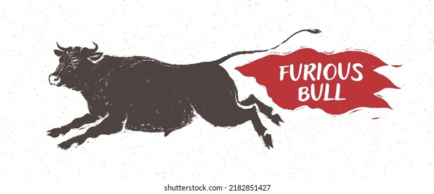 Silhouette of a running bull and with the silhouette of fire, drawing in a graphic style.