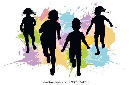 Silhouette of running children on background of color splash blot. Vector illustration