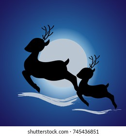 silhouette of a running deer with baby