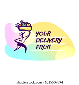 Silhouette running fast man courier holding fruit basket on abstract color background. Template logo for person delivery company. Sketch vector illustration.