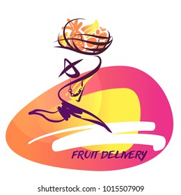 Silhouette running fast man courier holding fruit basket on abstract color background. Template logo for person delivery company. Sketch vector illustration.