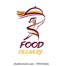Silhouette running fast man courier holding food. Logo template concept. Deliver package for transportation logistic service company. 
