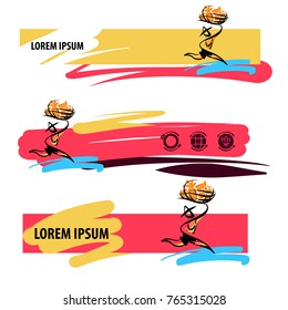 Silhouette running fast man courier holding fruit. Template concept image. Element design web banner, logo for transportation logistic service company. 