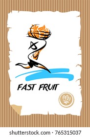 Silhouette running fast man courier holding fruit. 