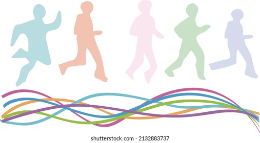 A silhouette of a running figure and a flowing wave illustration