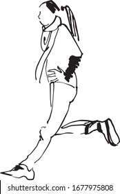 Silhouette of a running girl. Isolated vector illustration freehand drawing. A sketch of a girl athlete. Black on white.