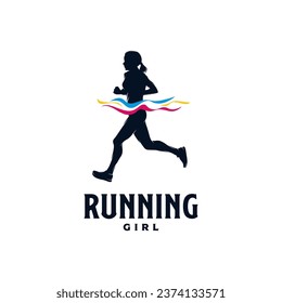 Silhouette running girl logo design template