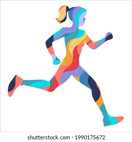 Silhouette of a running girl from a mosaic. Running, marathon, sport and healthy lifestyle illustration. Vector illustration isolated on white background.
