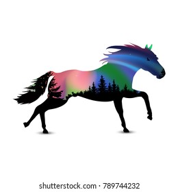 Silhouette of running horse with coniferous trees on the background of colorful sky.  Northern lights. 