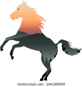 Silhouette of running horse. Double exposure.