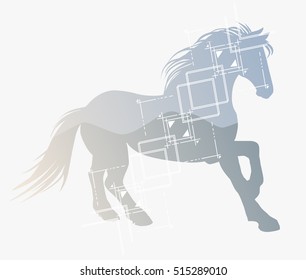 Silhouette of running horse with double exposure effect. Vector illustration