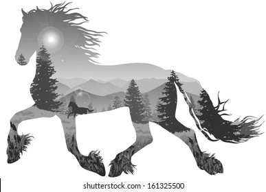 silhouette of a running horse. inside the mountain landscape with pine forest, black and white