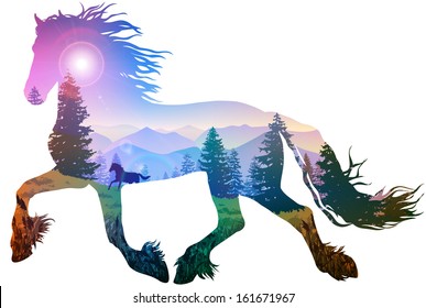 silhouette of a running horse. inside the mountain landscape with pine forest, bright colors
