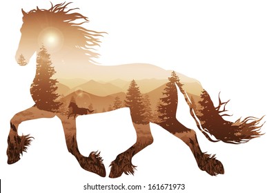 silhouette of a running horse. inside the mountain landscape with pine forest