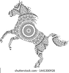 Silhouette of running horse with king`s circular ornament.   