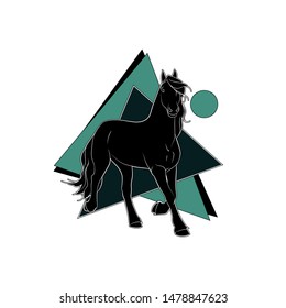 Silhouette of the running horse on abstract background. Vector.