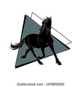 Silhouette of the running horse on background with triangles. Vector.