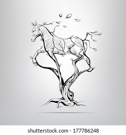 Silhouette of a running horse in a tree. vector illustration