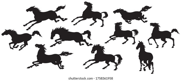 Silhouette of running horses in different poses and movements.