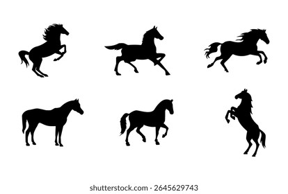 Silhouette of running horses isolated on white background. animal art.