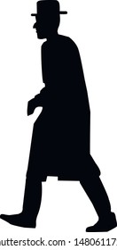 Silhouette of a running Jewish man in a hat. Religious Jews in a traditional costume. Hasid with sidelocks and a beard in a long frock coat. Isolated vector illustration. Black on white.