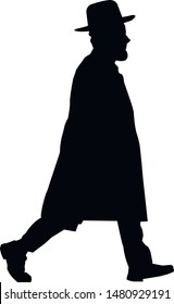 Silhouette of a running Jewish man in a hat. Jew in a traditional costume. Hasid with sidelocks in a long frock coat and hat. Isolated vector illustration. Black on white.