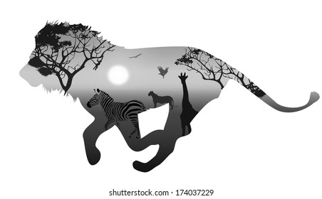 silhouette running lion. inside savannah landscape with silhouettes of animals and trees at sunset. black and white. white background