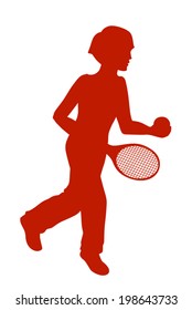 Silhouette of running little boy with a tennis racket