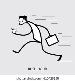 Silhouette of a running man with a briefcase and a smartphone in his hand. Simple graphics design. Vector illustration