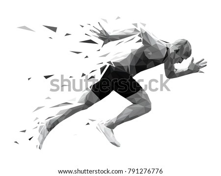 silhouette running man sprinter explosive start. polygonal particles