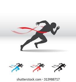Silhouette of a running man. Victorious finish red ribbon. Vector illustration.