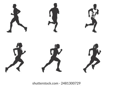 silhouette running man and woman. Vector people running silhouettes